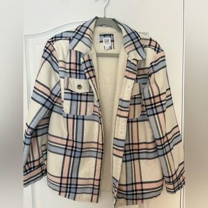 GAP Kids Black and blue and pink White Plaid Sherpa Jacket